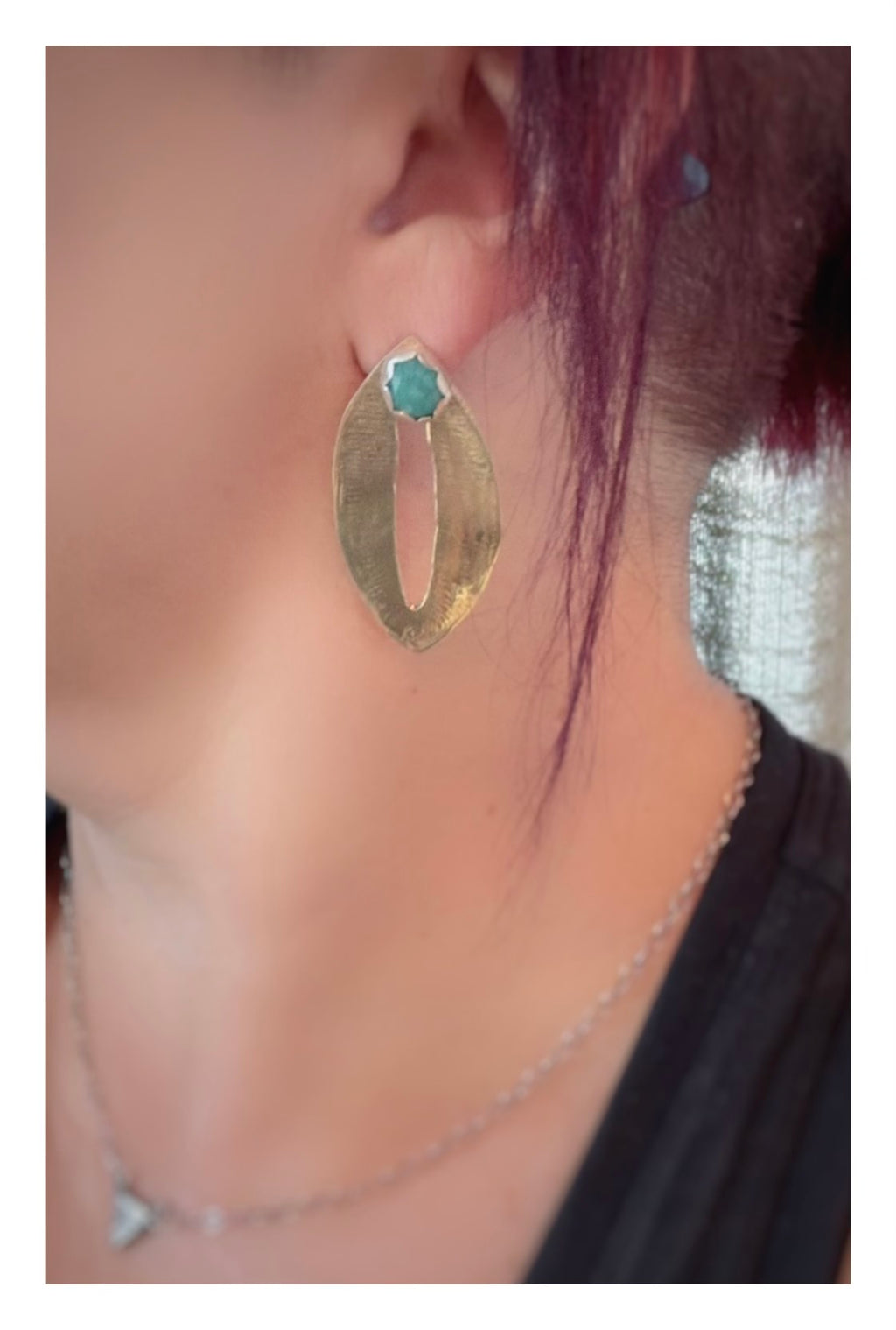 Rose-Cut Amazonite Sterling Silver with Gold Leaf Pattern Ear Jacket Earrings