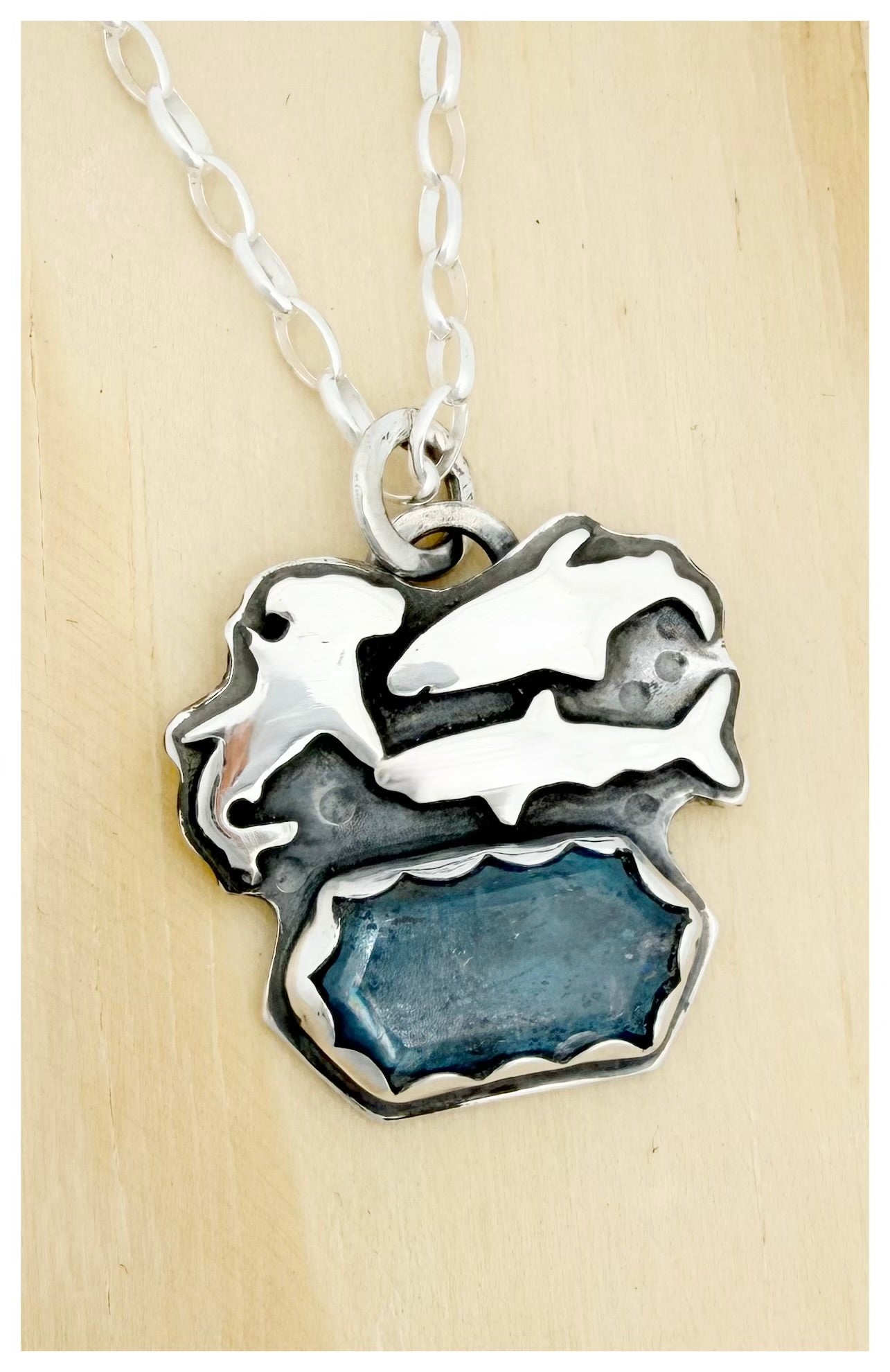 Hexagonal Teal Moss Kyanite Sharks Necklace