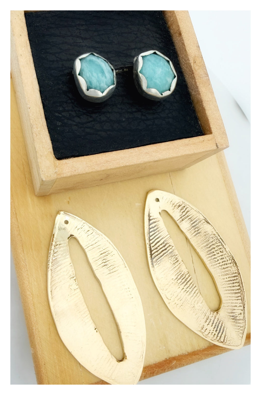 Rose-Cut Amazonite Sterling Silver with Gold Leaf Pattern Ear Jacket Earrings