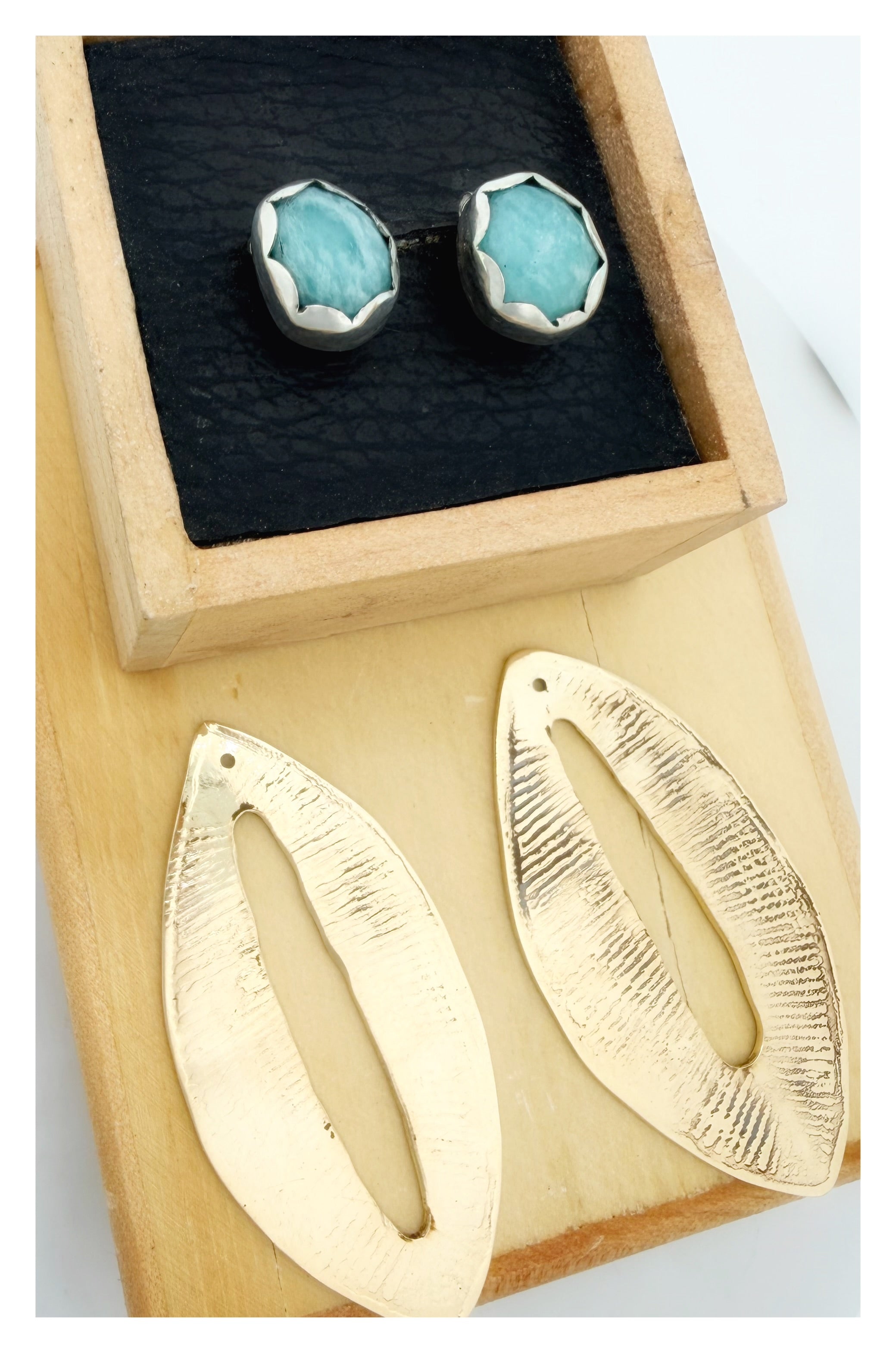 Rose-Cut Amazonite Sterling Silver with Gold Leaf Pattern Ear Jacket Earrings